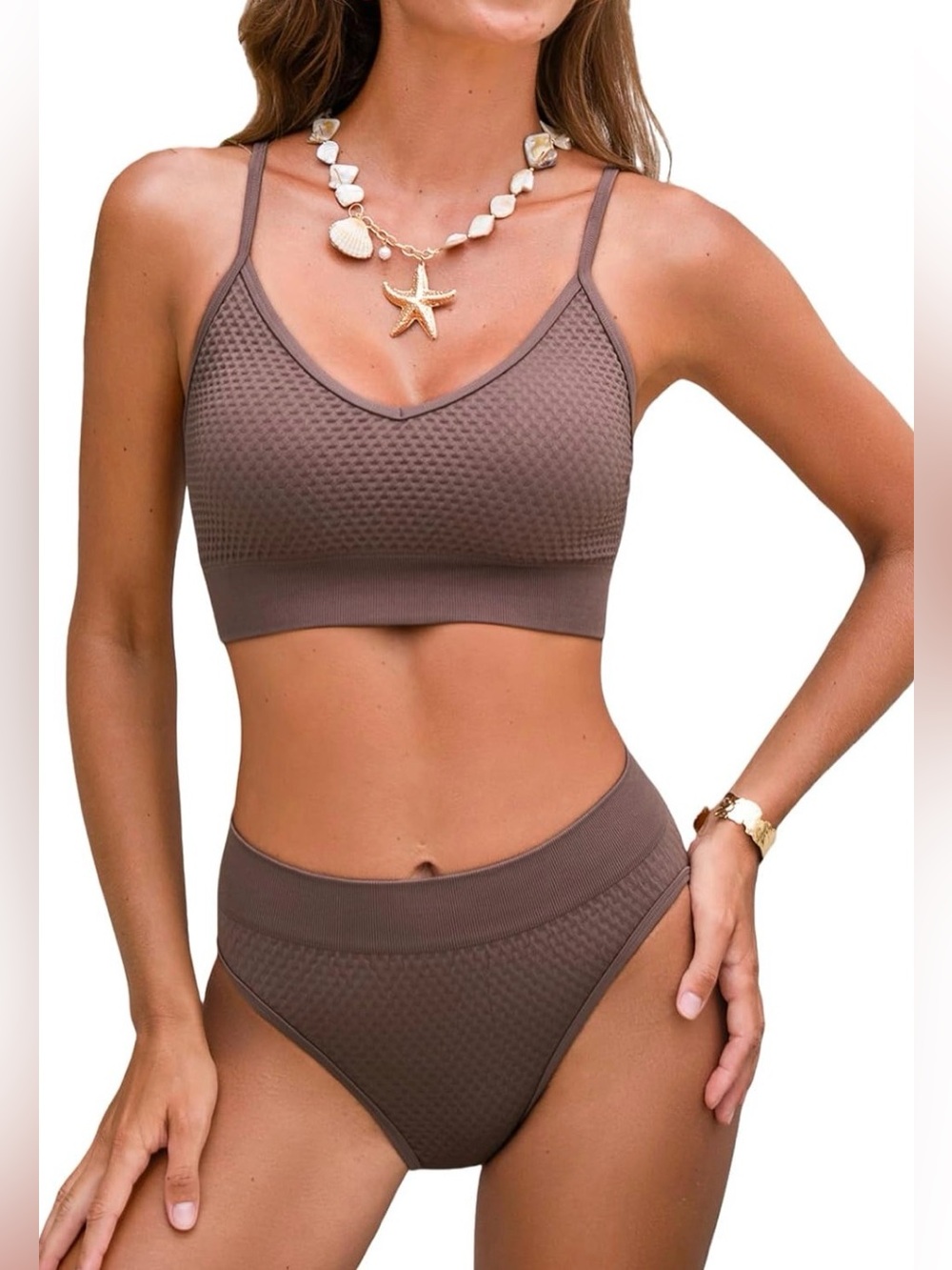 NWT CupShe Textured Brown Seamless Bralette & High-Waist Bikini Set- size S, M